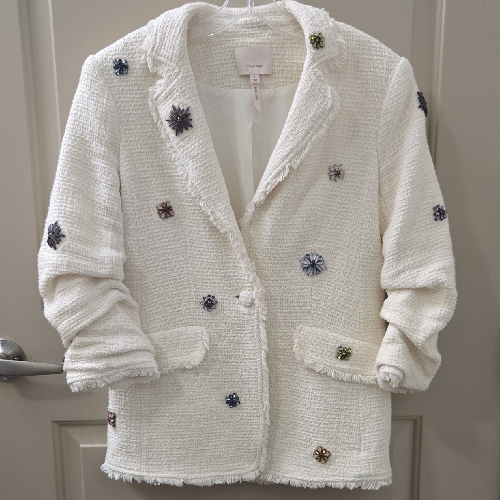 Cinq A Sept Embellished Cream Bouclé Blazer With Ruched Sleeves